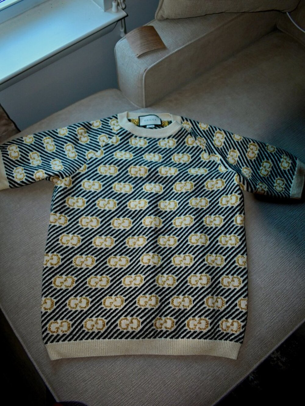 Gucci Yellow/Black GG Lurex Jacquard Wool Short Sleeve Sweater